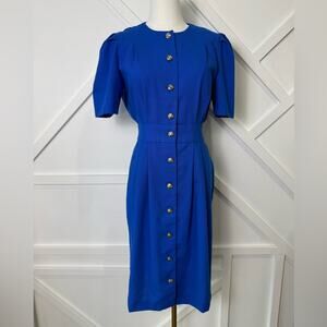 Special Effects Vintage 1980s Gold Button Front Short Sleeve Royal Blue Dress 8P
